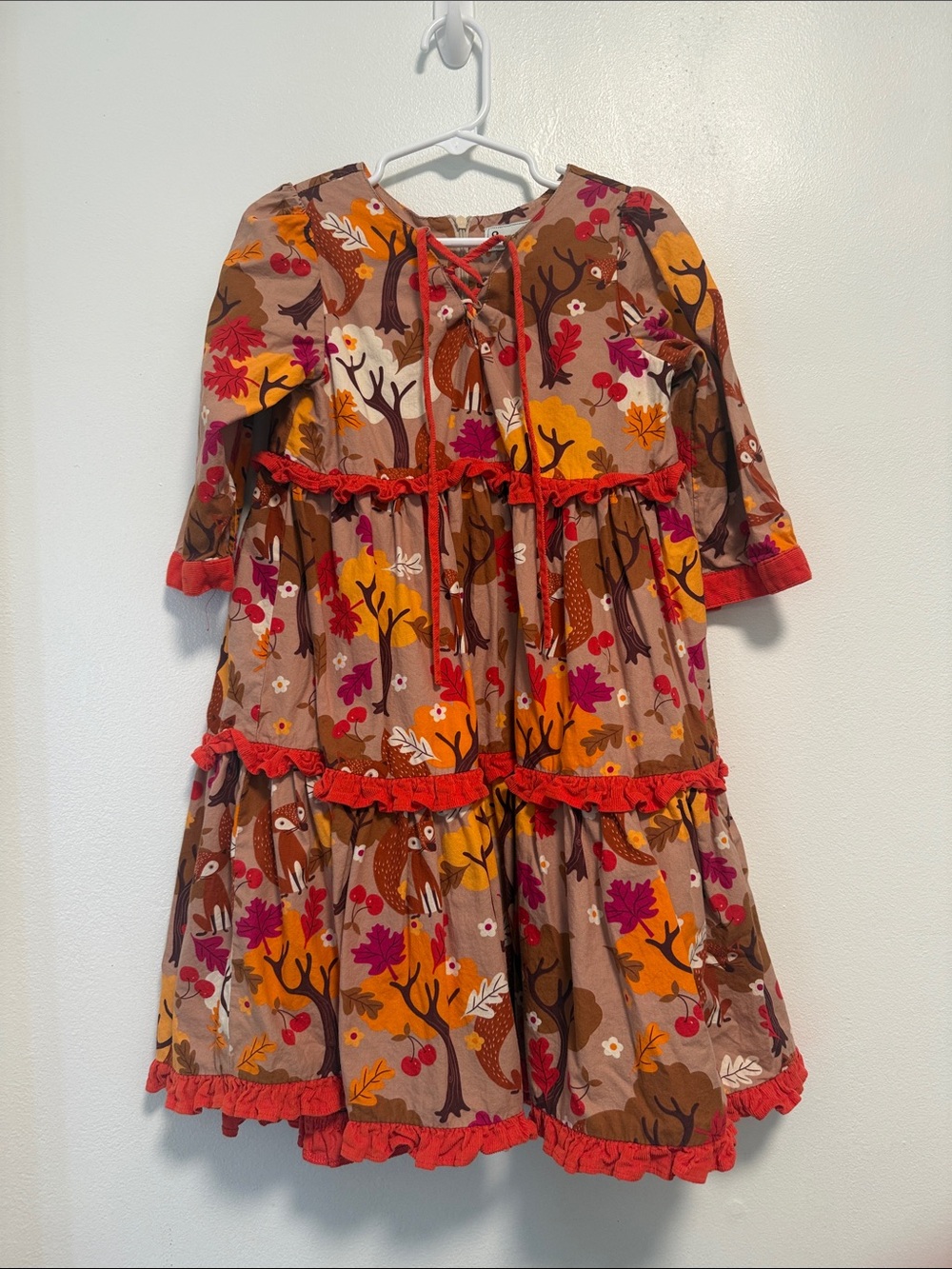 Girls' Autumn Fox Print Tiered Costume Dress - Red/Brown Sassy Me!